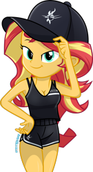 Size: 1000x1855 | Tagged: safe, artist:mr-breadman, sunset shimmer, equestria girls, g4, bra, bra strap, breasts, cap, cleavage, clothes, female, flanksy, hand on hip, hat, shorts, show accurate, solo, sports shorts, tank top, tomboy, underwear, vector
