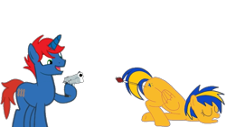 Size: 849x478 | Tagged: safe, artist:johnnybro288, oc, oc:flare spark, oc:train track, pegasus, pony, unicorn, g4, literal butthurt, pain, tranquilizer