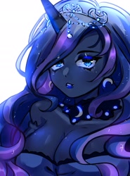 Size: 2000x2700 | Tagged: safe, artist:hanasakiyunarin, nightmare moon, princess luna, human, equestria girls, breasts, busty princess luna, cleavage, crown, cutie mark accessory, ear piercing, earring, female, high res, horn, horned humanization, humanized, jewelry, lipstick, looking at you, piercing, pony coloring, regalia, simple background, solo, white background