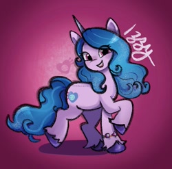 Size: 1193x1178 | Tagged: safe, artist:minadoodles, izzy moonbow, pony, unicorn, g5, bracelet, cute, female, izzybetes, jewelry, looking at you, mare, open mouth, raised hoof, solo, unshorn fetlocks