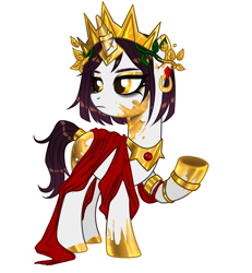 Size: 2500x2700 | Tagged: safe, artist:rowcliffe, oc, oc only, oc:princess marigold, pony, unicorn, bracelet, crown, ear piercing, earring, eyeshadow, female, gem, gold, high res, horn, horn ring, jewelry, makeup, mare, midas touch, piercing, raised hoof, regalia, ring, ruby, simple background, solo, white background