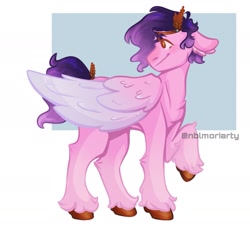 Size: 1807x1637 | Tagged: safe, artist:nblmoriarty, pipp petals, pegasus, pony, g5, abstract background, adorapipp, cute, female, floppy ears, looking back, mare, raised hoof, smiling, solo, unshorn fetlocks, wings