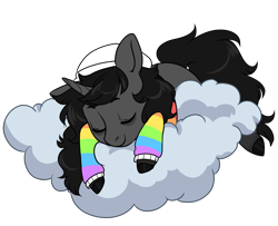 Size: 1230x1000 | Tagged: safe, artist:lavvythejackalope, oc, oc only, pony, unicorn, beanie, clothes, cloud, commission, eyes closed, hat, horn, on a cloud, simple background, sleeping, solo, transparent background, unicorn oc, ych result
