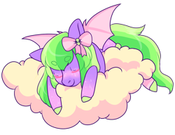 Size: 1300x1000 | Tagged: safe, artist:lavvythejackalope, oc, oc only, bat pony, pony, bat pony oc, bat wings, bow, cloud, colored hooves, commission, eyes closed, hair bow, on a cloud, simple background, sleeping, solo, transparent background, wings, ych result