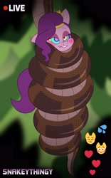 Size: 2549x4096 | Tagged: safe, artist:snakeythingy, pipp petals, snake, g5, adorapipp, bondage, coiling, coils, cute, emoji, jungle, kaa, kaa eyes, livestream, mind control, story included