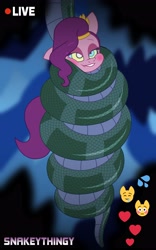Size: 2549x4096 | Tagged: safe, alternate version, artist:snakeythingy, pipp petals, snake, g5, adorapipp, bondage, coiling, coils, cute, emoji, jungle, kaa, kaa eyes, livestream, mind control, story included