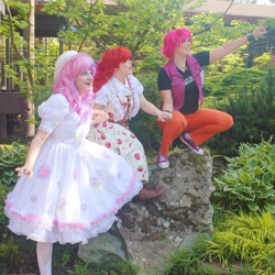 Size: 888x888 | Tagged: safe, artist:maddymoiselle, artist:sarahndipity cosplay, artist:shelbeanie, apple bloom, scootaloo, sweetie belle, human, g4, clothes, cosplay, costume, cutie mark crusaders, everfree northwest, everfree northwest 2019, irl, irl human, photo, pointing