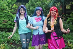Size: 2048x1364 | Tagged: safe, artist:maddymoiselle, artist:sarahndipity cosplay, artist:shelbeanie, starlight glimmer, sunset shimmer, twilight sparkle, human, equestria girls, g4, clothes, cosplay, costume, everfree northwest, everfree northwest 2019, irl, irl human, magical trio, pants, photo, ripped pants, torn clothes