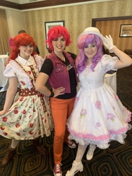 Size: 1536x2048 | Tagged: safe, artist:maddymoiselle, artist:sarahndipity cosplay, artist:shelbeanie, apple bloom, scootaloo, sweetie belle, human, g4, clothes, converse, cosplay, costume, cutie mark crusaders, everfree northwest, everfree northwest 2019, gloves, hand on hip, irl, irl human, photo, shoes