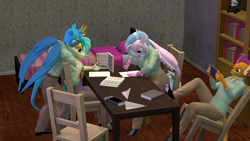 Size: 1920x1080 | Tagged: safe, artist:meteor_mirage, gallus, sandbar, silverstream, smolder, dragon, earth pony, griffon, hippogriff, anthro, plantigrade anthro, g4, 3d, bed, book, bookshelf, chair, clothes, crayon, dragoness, feet on table, female, folded wings, gamer smolder, gay, gay in front of girls, griffon x pony, grin, hug, interspecies, leaning back in chair, loving gaze, male, nintendo switch, paper, paper airplane, pencil, school uniform, ship:gallbar, shipping, smiling, table, tail, tongue out, wings