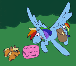 Size: 640x560 | Tagged: safe, artist:tezzbot, applejack, rainbow dash, earth pony, pegasus, pony, g4, bag, comic, saddle bag