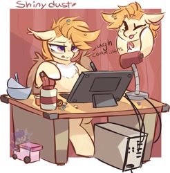 Size: 1257x1278 | Tagged: safe, artist:drawtheuniverse, oc, oc only, pegasus, pony, :p, chest fluff, computer, desk lamp, floppy ears, sitting, solo, tablet, tongue out