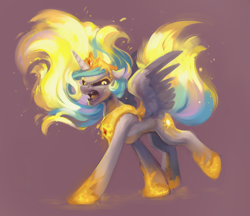 Size: 1800x1558 | Tagged: safe, artist:jewellier, artist:lummh, daybreaker, princess celestia, alicorn, pony, comic:the princess of love, g4, angry, crown, digital painting, female, fire, fury, here comes the sun, hoof shoes, jewelry, mare, melting, mid-transformation, molten, peytral, princess shoes, regalia, simple background, solo, transformation