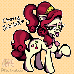 Size: 2000x2000 | Tagged: safe, artist:mrcapriccio, cherry jubilee, earth pony, pony, g4, abstract background, eyeshadow, female, high res, looking at you, makeup, mare, neckerchief, raised hoof, simple background, solo