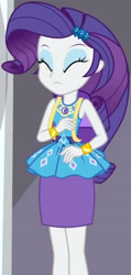 Size: 1920x4050 | Tagged: safe, screencap, rarity, equestria girls, fomo, g4, my little pony equestria girls: better together, bracelet, clothes, cropped, cutie mark, cutie mark on clothes, eyes closed, female, geode of shielding, hairpin, jewelry, magical geodes, rarity peplum dress, solo