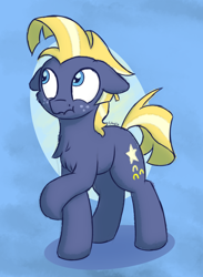 Size: 950x1300 | Tagged: safe, artist:litrojia, star tracker, earth pony, pony, g4, abstract background, cheek fluff, chest fluff, floppy ears, looking away, male, nervous, scrunchy face, shrunken pupils, solo