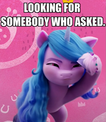 Size: 567x650 | Tagged: safe, izzy moonbow, pony, unicorn, g5, my little pony: a new generation, caption, cropped, image macro, meme, narrowed eyes, reaction image, searching, solo, squint, text