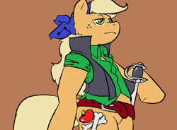 Size: 1139x839 | Tagged: safe, artist:machv99, oc, oc only, earth pony, semi-anthro, arm hooves, bandana, belt, clothes, female, freckles, lidded eyes, mare, pirate, requested art, shirt, simple background, solo, sword, vest, weapon