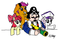 Size: 1342x914 | Tagged: safe, artist:stealthninja5, apple bloom, scootaloo, sweetie belle, g4, bandana, captain pugwash, crossover, cutie mark crusaders, eyepatch, hat, pirate, pirate hat, spyglass