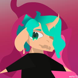 Size: 2500x2500 | Tagged: safe, artist:wata, oc, oc only, oc:wata, unicorn, anthro, clothes, equine, gradient background, gradient eyes, gradient mane, high res, long hair, long mane, long sleeves, looking at you, male, melting, smiling, solo