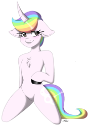 Size: 1719x2435 | Tagged: safe, artist:melodytheartpony, oc, pony, unicorn, semi-anthro, blushing, chest fluff, commission, cute, featureless crotch, kneeling, male, pretty, rainbow, smiling, solo, ych result