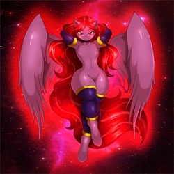 Size: 1080x1080 | Tagged: safe, artist:suirano, oc, oc only, oc:seraphic crimson, pegasus, anthro, unguligrade anthro, arm behind head, armpits, barbie doll anatomy, bedroom eyes, clothes, commission, digital art, evening gloves, featureless crotch, femboy, gloves, ken doll anatomy, long gloves, looking at you, male, nudity, solo, spread wings, stockings, tail, thigh highs, thighs, wings