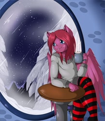 Size: 960x1105 | Tagged: safe, artist:suirano, oc, oc only, oc:seraphic crimson, pegasus, anthro, bedroom eyes, chair, clothes, commission, digital art, male, shirt, sitting, solo, spread wings, stockings, table, tail, thigh highs, thighs, window, wings