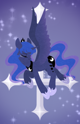 Size: 2600x4032 | Tagged: safe, artist:aimmeblue, princess luna, alicorn, pony, g4, beautiful, colored, cross, crown, cute, digital art, dream walker luna, dreamscape, eyelashes, eyes closed, female, flying, high res, hip, holy, hoof shoes, horn, inverted cross, jewelry, lunabetes, majestic, mare, night, night sky, peytral, raised hoof, regalia, sky, solo, spread wings, stars, sweet dreams fuel, wing fluff, wings