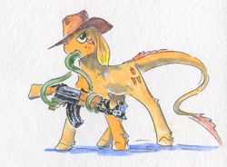 Size: 710x523 | Tagged: safe, artist:adeptus-monitus, applejack, hybrid, monster pony, original species, tatzlpony, g4, akm, assault rifle, cowboy hat, gun, hat, prehensile tongue, rifle, simple background, solo, species swap, tatzljack, tentacle tongues, traditional art, weapon