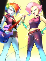 Size: 2465x3240 | Tagged: safe, artist:amazingpuffhair, fluttershy, rainbow dash, equestria girls, equestria girls specials, g4, my little pony equestria girls: better together, my little pony equestria girls: rollercoaster of friendship, belly button, breasts, choker, chokershy, clothes, commission, ear piercing, earring, flutterpunk, guitar, heavy metal, high res, jeans, jewelry, leather vest, microphone, midriff, musical instrument, pants, piercing, reasonably sized breasts, shirt, shorts, tank top, wristband