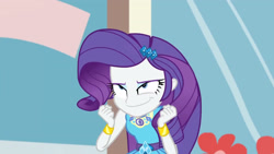 Size: 3410x1920 | Tagged: safe, screencap, rarity, display of affection, equestria girls, g4, my little pony equestria girls: better together, bracelet, clothes, cutie mark, cutie mark on clothes, female, geode of shielding, hairpin, jewelry, magical geodes, rarity peplum dress, smiling, solo