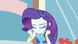 Size: 3410x1920 | Tagged: safe, screencap, rarity, display of affection, equestria girls, g4, my little pony equestria girls: better together, bracelet, clothes, cutie mark, cutie mark on clothes, eyes closed, female, geode of shielding, hairpin, jewelry, magical geodes, rarity peplum dress, smiling, solo