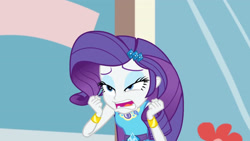 Size: 3410x1920 | Tagged: safe, screencap, rarity, display of affection, equestria girls, g4, my little pony equestria girls: better together, bracelet, clothes, cutie mark, cutie mark on clothes, faic, female, geode of shielding, hairpin, jewelry, lidded eyes, magical geodes, open mouth, rarity peplum dress, solo