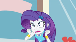 Size: 3410x1920 | Tagged: safe, screencap, rarity, display of affection, equestria girls, g4, my little pony equestria girls: better together, bracelet, clothes, cutie mark, cutie mark on clothes, female, geode of shielding, hairpin, jewelry, magical geodes, open mouth, rarity peplum dress, solo