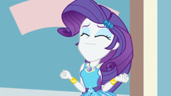 Size: 3410x1920 | Tagged: safe, screencap, rarity, display of affection, equestria girls, g4, my little pony equestria girls: better together, bracelet, clothes, cutie mark, cutie mark on clothes, eyes closed, female, geode of shielding, hairpin, jewelry, magical geodes, rarity peplum dress, solo