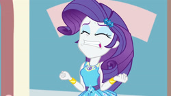 Size: 3410x1920 | Tagged: safe, screencap, rarity, display of affection, equestria girls, g4, my little pony equestria girls: better together, bracelet, clothes, cutie mark, cutie mark on clothes, eyes closed, female, geode of shielding, hairpin, jewelry, magical geodes, rarity peplum dress, solo