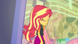 Size: 3410x1920 | Tagged: safe, screencap, sunset shimmer, display of affection, equestria girls, g4, my little pony equestria girls: better together, clothes, cutie mark, cutie mark on clothes, eyes closed, female, geode of empathy, jacket, jewelry, leather, leather jacket, magical geodes, necklace, solo