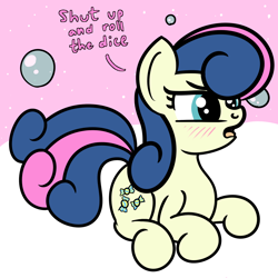 Size: 2000x2000 | Tagged: safe, artist:dafiltafish, bon bon, sweetie drops, earth pony, pony, comic:day by day, g4, blushing, dialogue, high res, offscreen character, solo, text