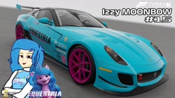 Size: 2048x1152 | Tagged: safe, artist:forzaveteranenigma, izzy moonbow, fanfic:equestria motorsports, equestria girls, g4, g5, car, ferrari, ferrari 599 gto, forza motorsport 7, laughing, livery, looking at you, motorsport, racing suit, read description, smiling, smiling at you, supercar, watermark