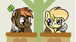 Size: 1920x1080 | Tagged: safe, artist:dinkyuniverse, button mash, noi, earth pony, pony, g4, atg 2021, beanie hat, cheating, classroom, colt, desk, female, filly, foal, male, newbie artist training grounds, quill, quill pen, school desk