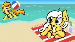 Size: 1920x1080 | Tagged: safe, artist:dinkyuniverse, peachy pie, sunny daze, pony, g4, atg 2021, beach, beach ball, newbie artist training grounds