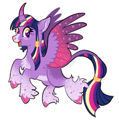 Size: 1638x1671 | Tagged: safe, artist:oriando, derpibooru exclusive, twilight sparkle, alicorn, classical unicorn, pony, g4, cloven hooves, curved horn, facial markings, female, flying, freckles, hair accessory, horn, leonine tail, markings, smiling, solo, sparkles, twilight sparkle (alicorn), unshorn fetlocks