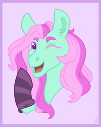 Size: 856x1080 | Tagged: safe, artist:skior, minty, pony, g3, bust, clothes, one eye closed, portrait, socks, solo, striped socks