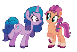 Size: 1280x854 | Tagged: safe, artist:kojibiose, artist:mlpfan3991, izzy moonbow, sunny starscout, earth pony, pony, unicorn, g4, g5, base used, braid, coat markings, female, g5 to g4, generation leap, looking at each other, mare, simple background, socks (coat markings), transparent background, unshorn fetlocks