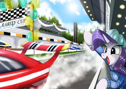 Size: 1024x724 | Tagged: safe, artist:neoshrek, rarity, pony, unicorn, g4, car, circuit, hat, motorsport, open mouth, open smile, race track, racecar, racing, smiling, solo, waving