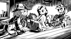 Size: 4256x2364 | Tagged: safe, artist:lexx2dot0, oc, oc only, oc:blackjack, oc:morning glory (project horizons), pegasus, pony, unicorn, fallout equestria, fallout equestria: project horizons, series:ph together we reread, black and white, dashite, eyepatch, fanfic art, grayscale, high res, horn, monochrome, pipbuck, small horn