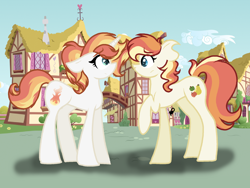 Size: 2000x1500 | Tagged: safe, artist:gallantserver, oc, oc only, oc:shine brine, oc:sugarcube, earth pony, pony, unicorn, duo, female, mare, offspring, parent:fire streak, parent:sunset shimmer, parents:sunsetstreak