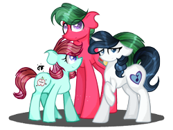 Size: 2000x1500 | Tagged: safe, artist:gallantserver, oc, oc only, oc:anabelle apple, oc:swan song, oc:watermelon tourmaline, earth pony, pony, unicorn, female, half-siblings, mare, offspring, parent:big macintosh, parent:fancypants, parent:rarity, parents:rarimac, parents:raripants, simple background, transparent background