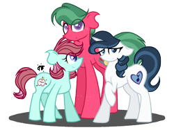 Size: 2000x1500 | Tagged: safe, alternate version, artist:gallantserver, oc, oc only, oc:anabelle apple, oc:swan song, oc:watermelon tourmaline, earth pony, pony, unicorn, female, half-siblings, mare, offspring, parent:big macintosh, parent:fancypants, parent:rarity, parents:rarimac, parents:raripants, simple background, transparent background