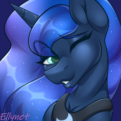 Size: 2000x2000 | Tagged: source needed, safe, alternate character, alternate version, artist:ellynet, princess luna, alicorn, pony, g4, bust, female, high res, mare, one eye closed, portrait, smiling, solo, wink